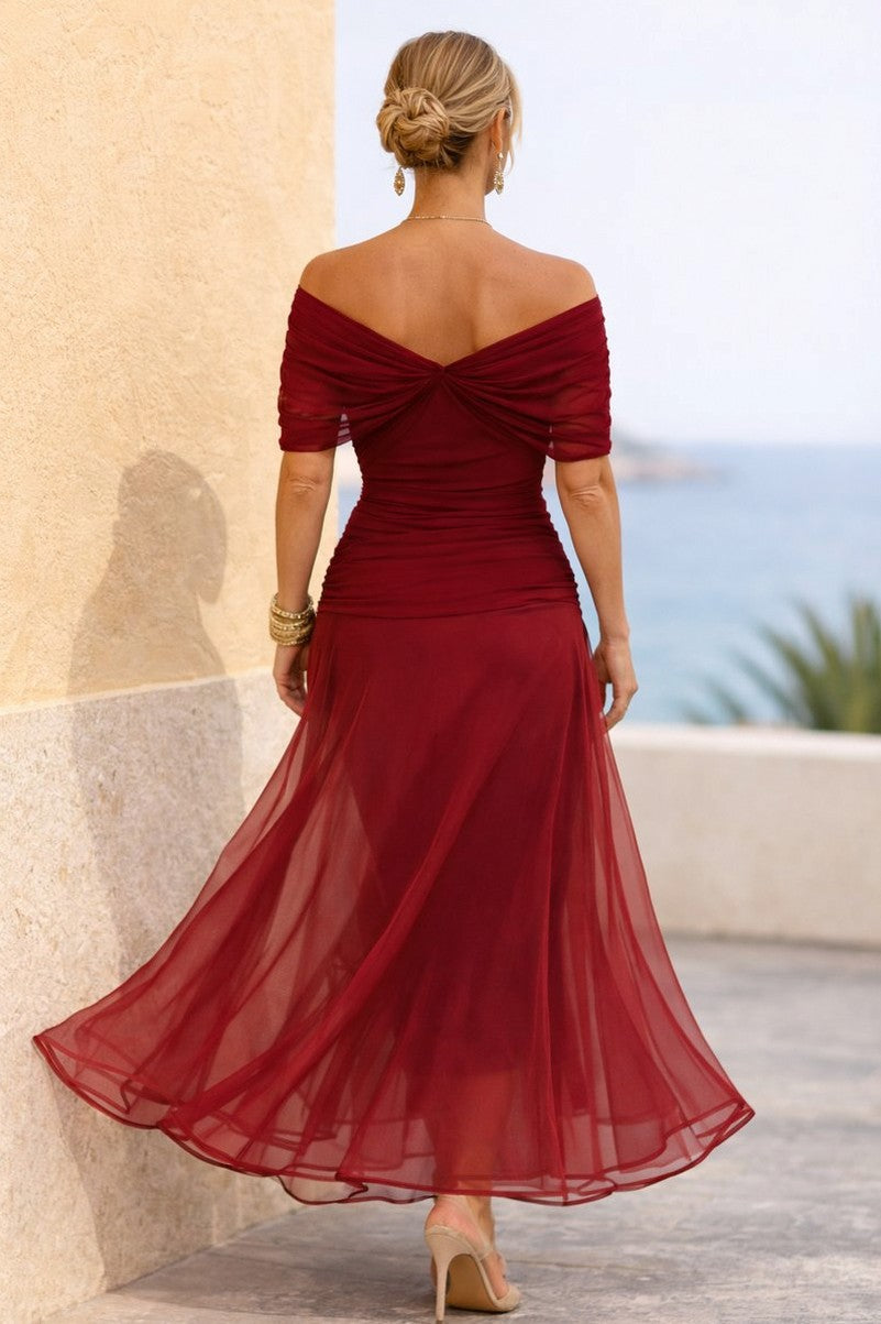 Mesh Off Shoulder Ruched Maxi Dress