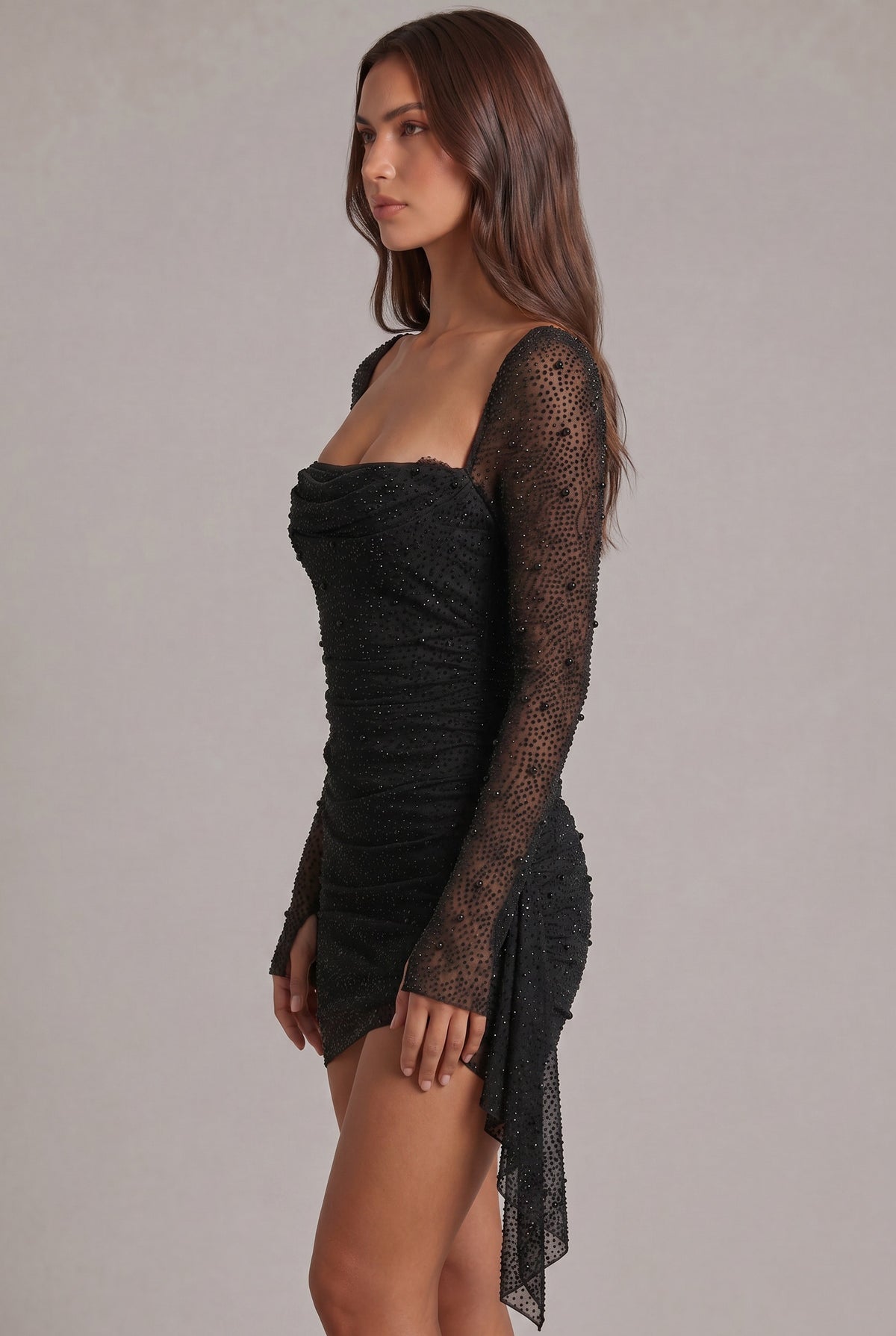Mesh Ruched Long Sleeve Mini Dress
