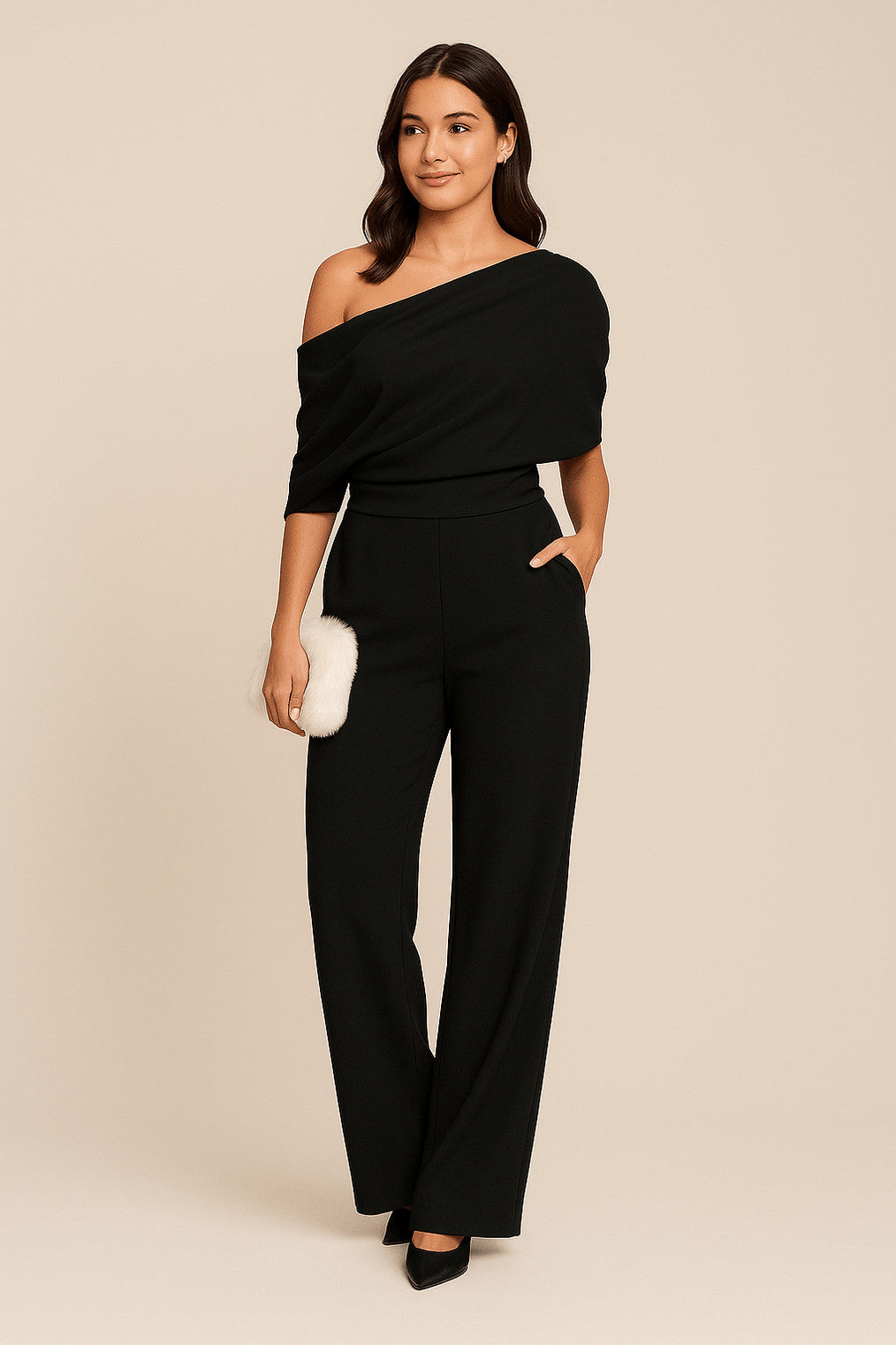 Off Shoulder Draped Wide Leg Jumpsuit