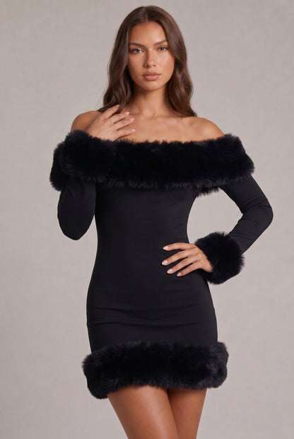 Long Sleeve Off Shoulder Faux Fur Trim Mini Dress