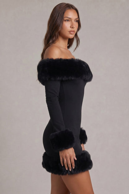Long Sleeve Off Shoulder Faux Fur Trim Mini Dress