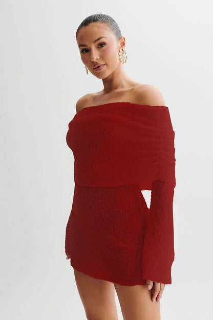 Long Sleeve Off Shoulder Knit Mini Dress