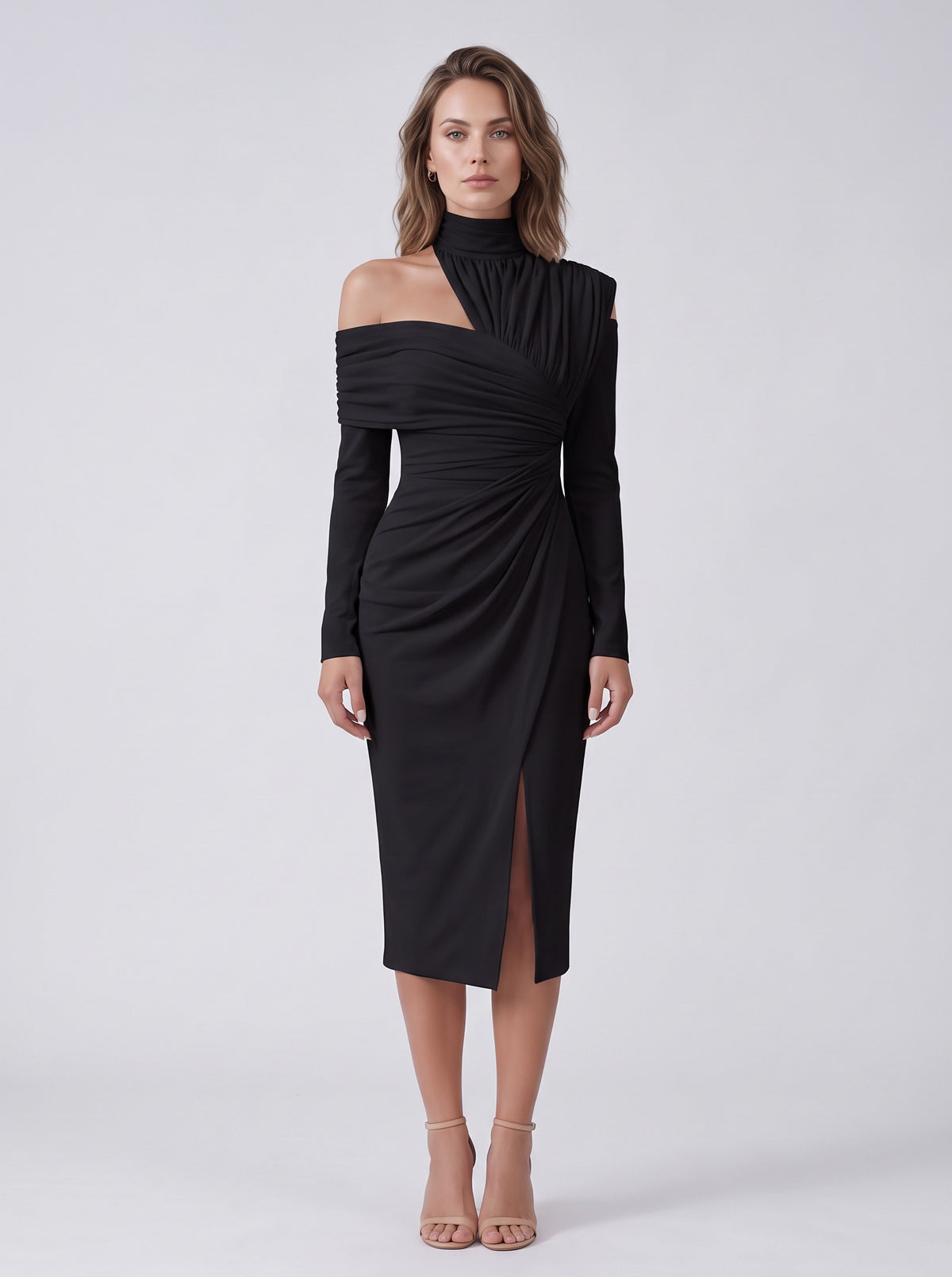 Long Sleeve One Shoulder Midi Dress
