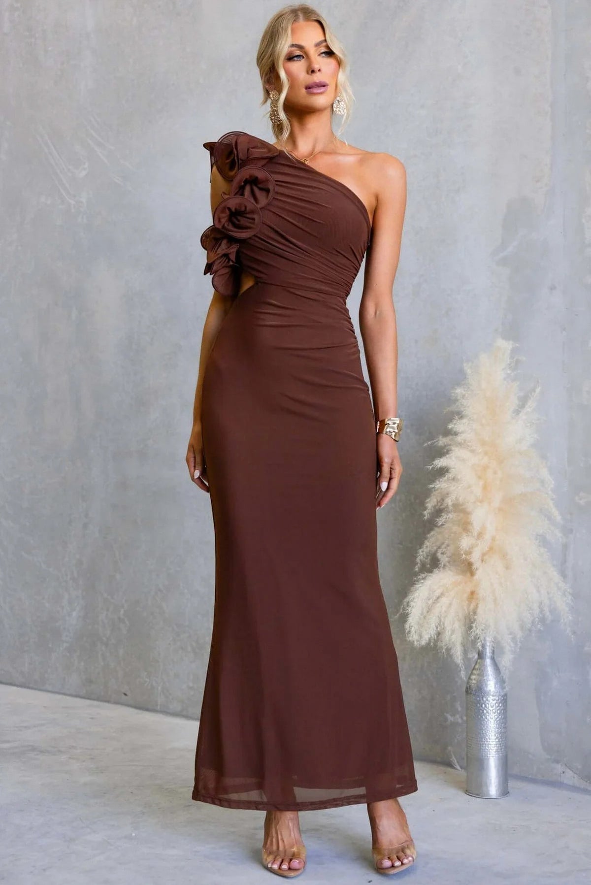 Ruffle Shoulder Cutout Maxi Dress