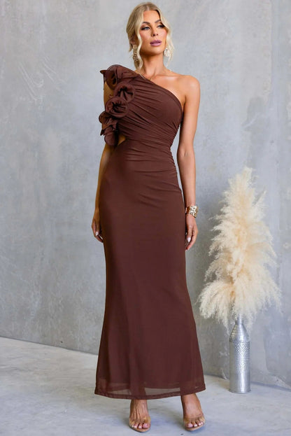 Ruffle Shoulder Cutout Maxi Dress