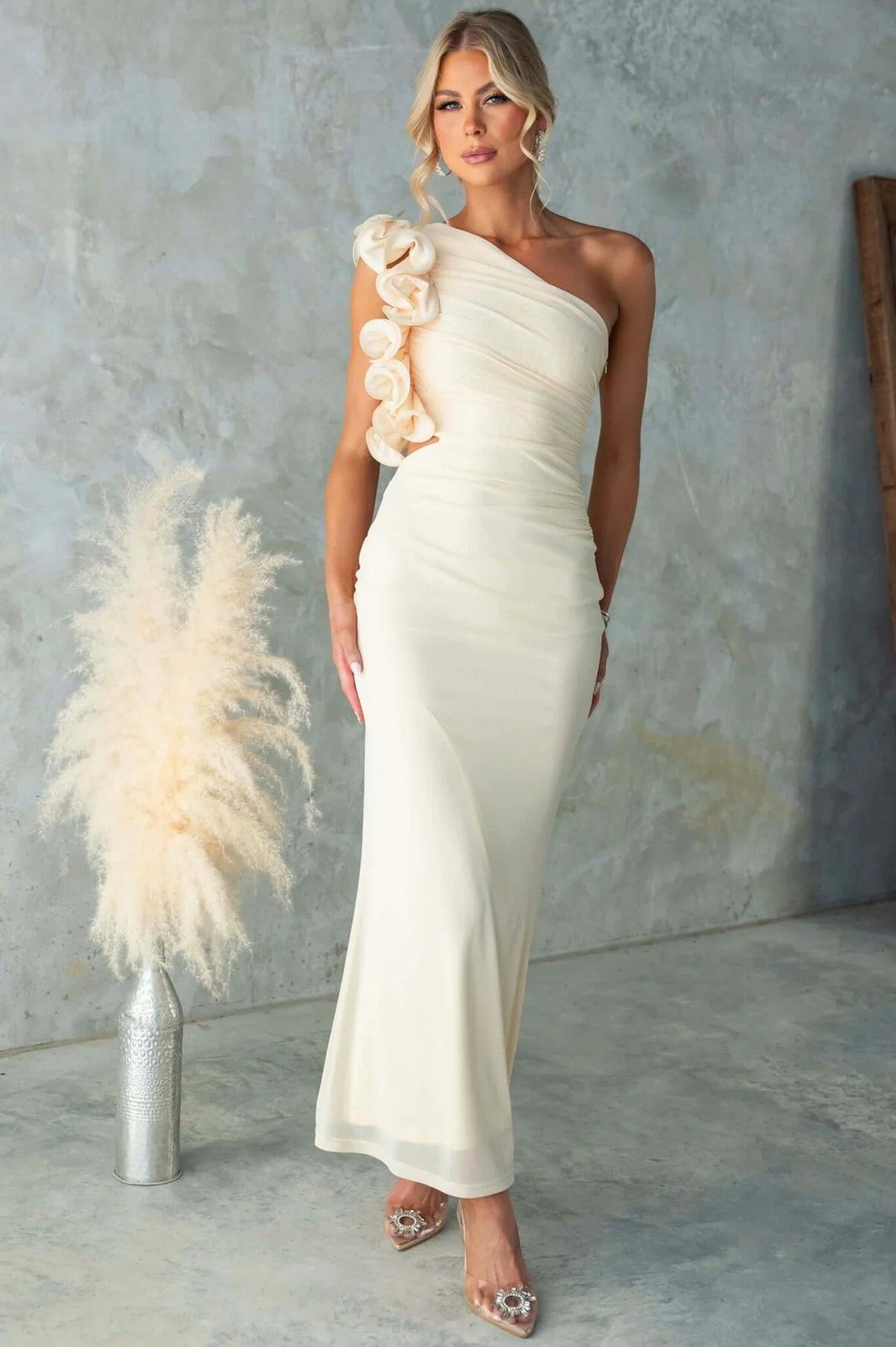 Ruffle Shoulder Cutout Maxi Dress