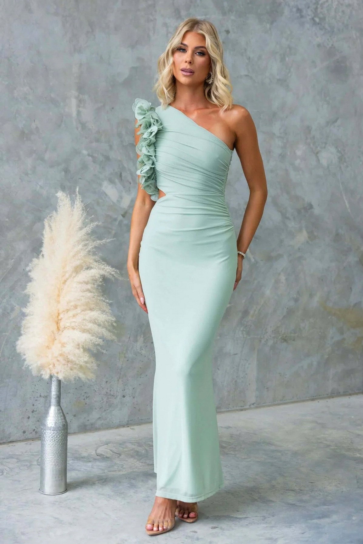 Ruffle Shoulder Cutout Maxi Dress