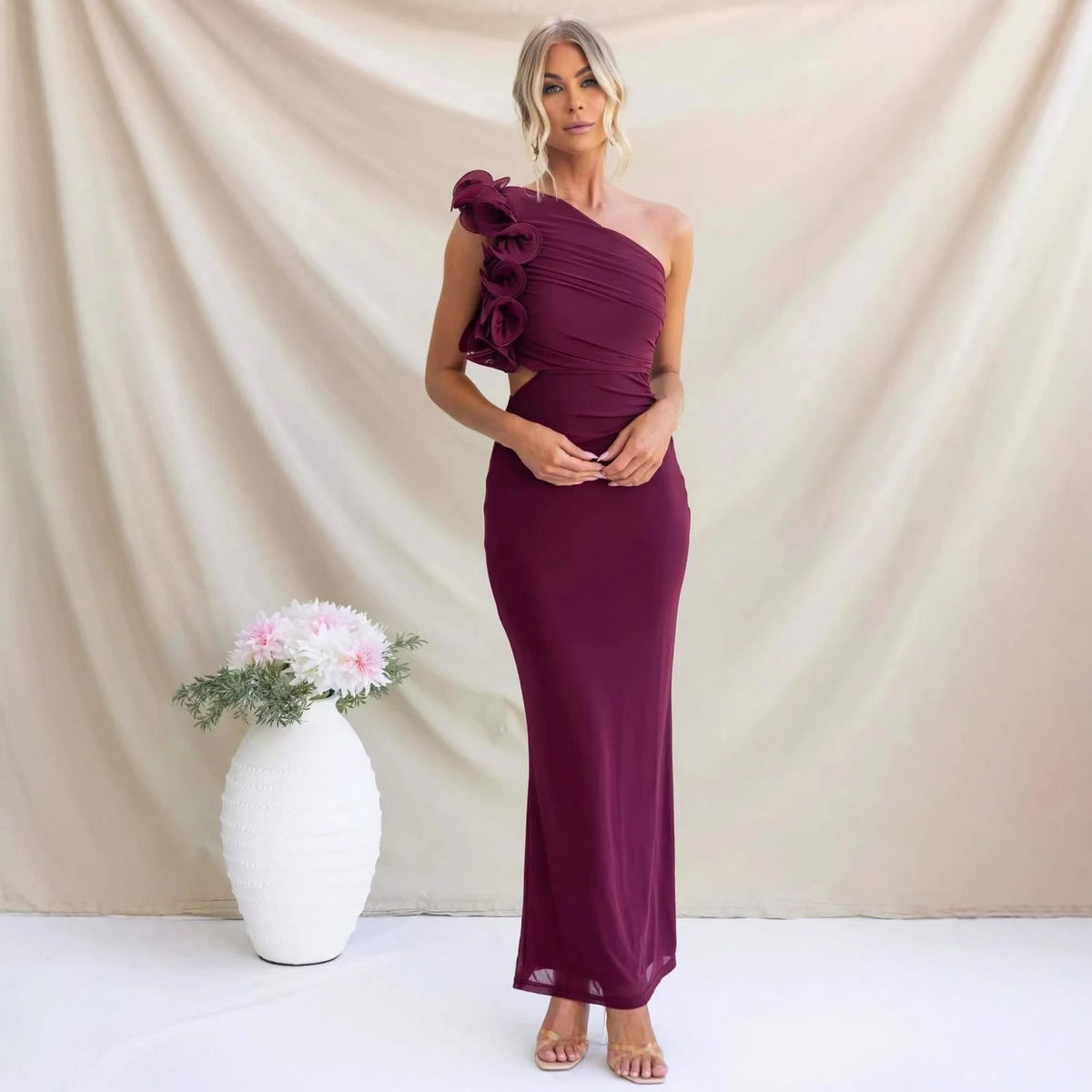 Ruffle Shoulder Cutout Maxi Dress