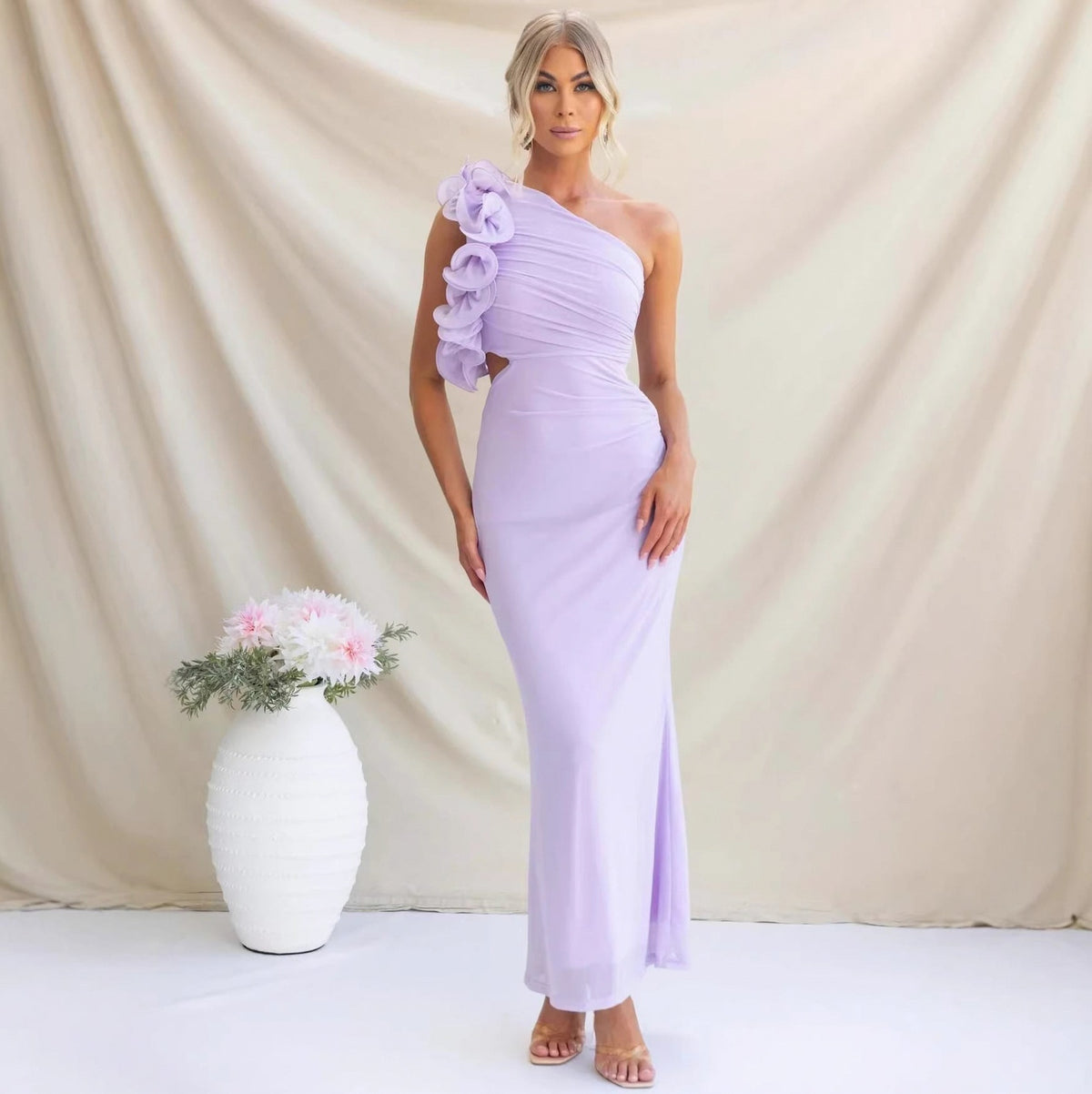 Ruffle Shoulder Cutout Maxi Dress