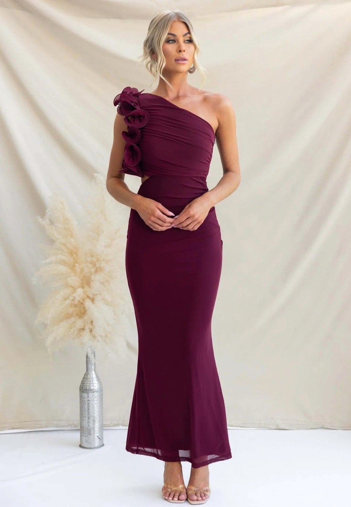 Ruffle Shoulder Cutout Maxi Dress
