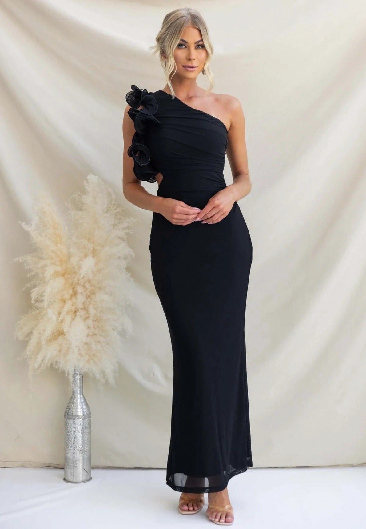 Ruffle Shoulder Cutout Maxi Dress