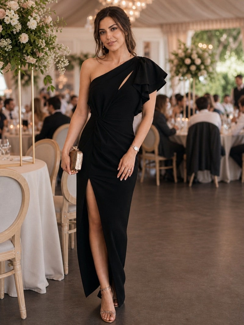 One Shoulder Ruffle Ruched Maxi Dress