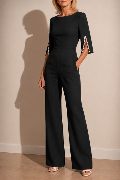 Pearl Trim Slit Sleeve Jumpsuit