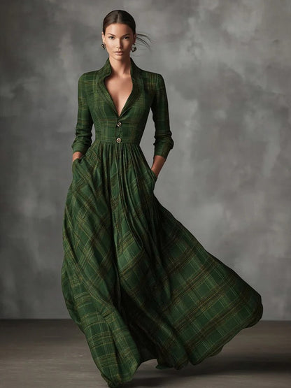 Plaid Long Sleeve Collared Maxi Dress