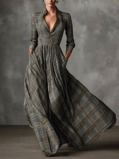 Plaid Long Sleeve Collared Maxi Dress