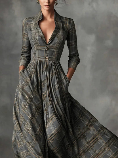 Plaid Long Sleeve Collared Maxi Dress