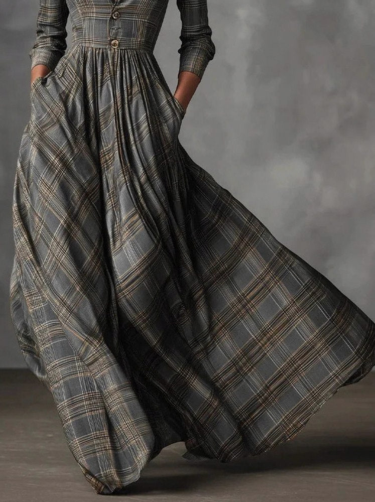 Plaid Long Sleeve Collared Maxi Dress