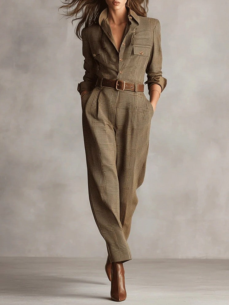 Plaid Long Sleeve Belted Jumpsuit