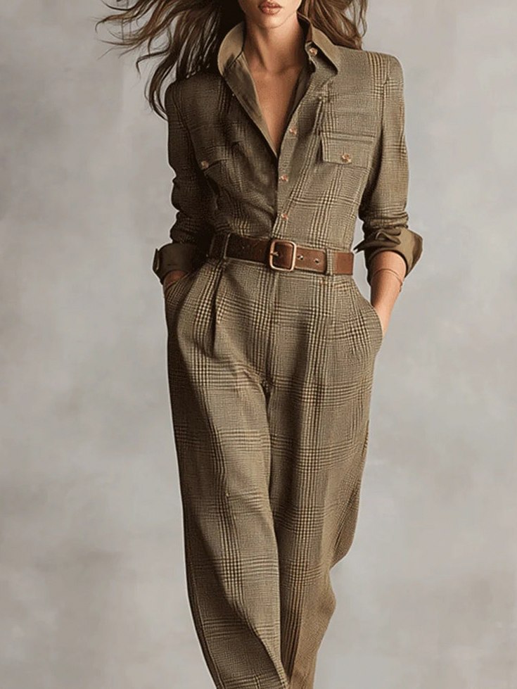 Plaid Long Sleeve Belted Jumpsuit