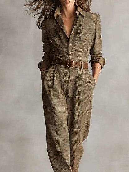 Plaid Long Sleeve Belted Jumpsuit
