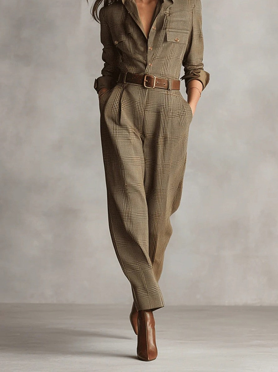 Plaid Long Sleeve Belted Jumpsuit