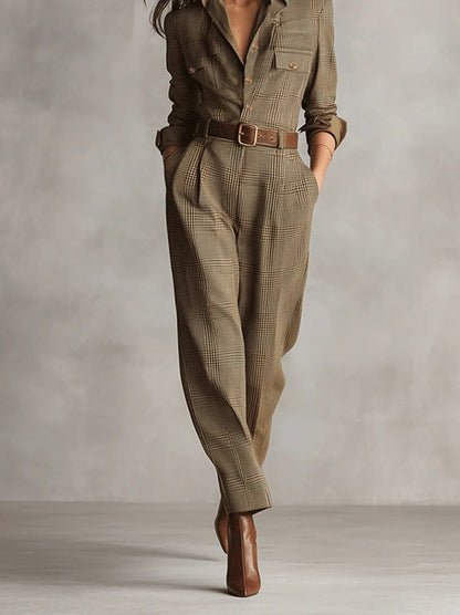 Plaid Long Sleeve Belted Jumpsuit
