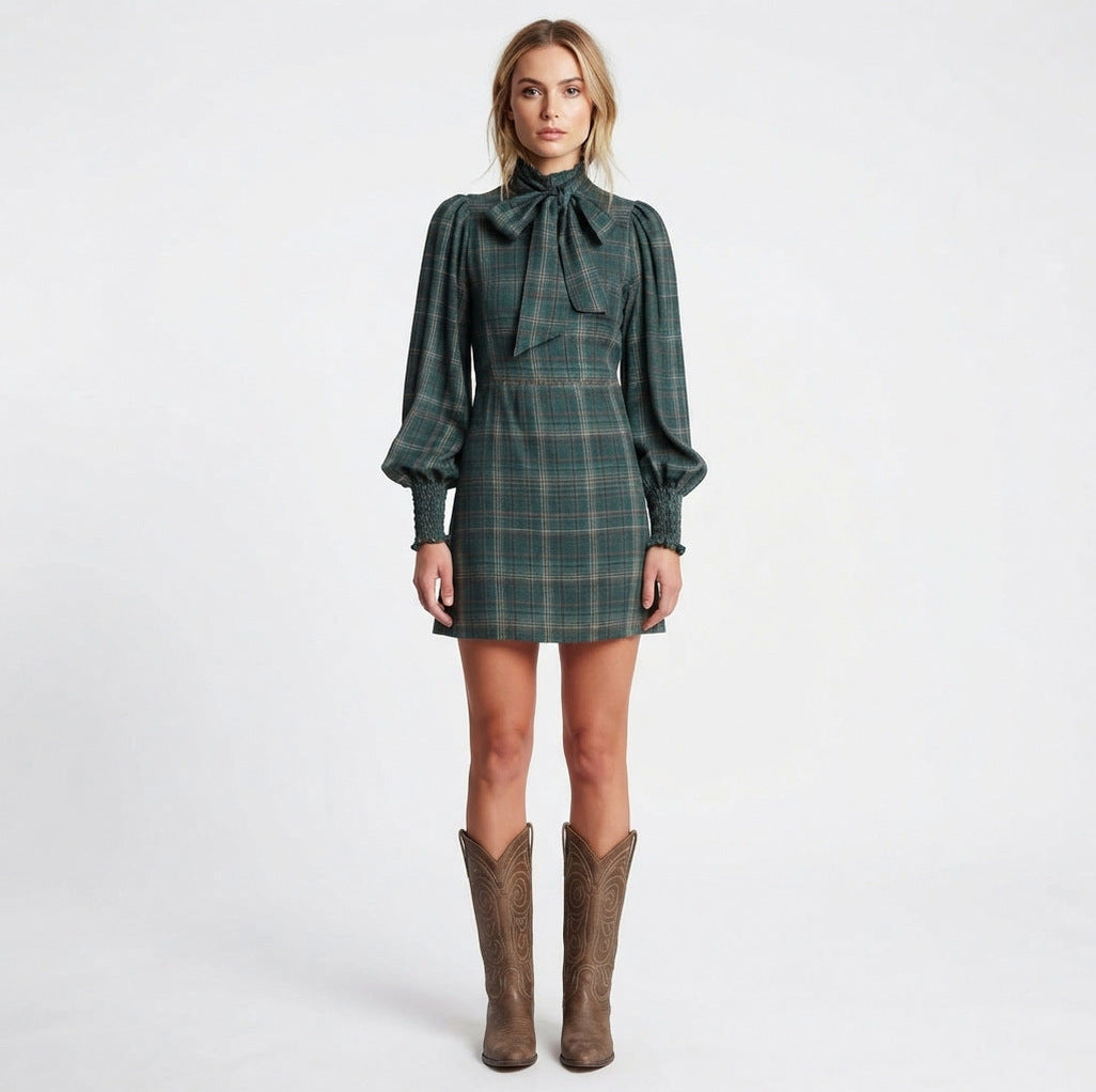 Plaid Long Sleeve Tie Neck Mini Dress