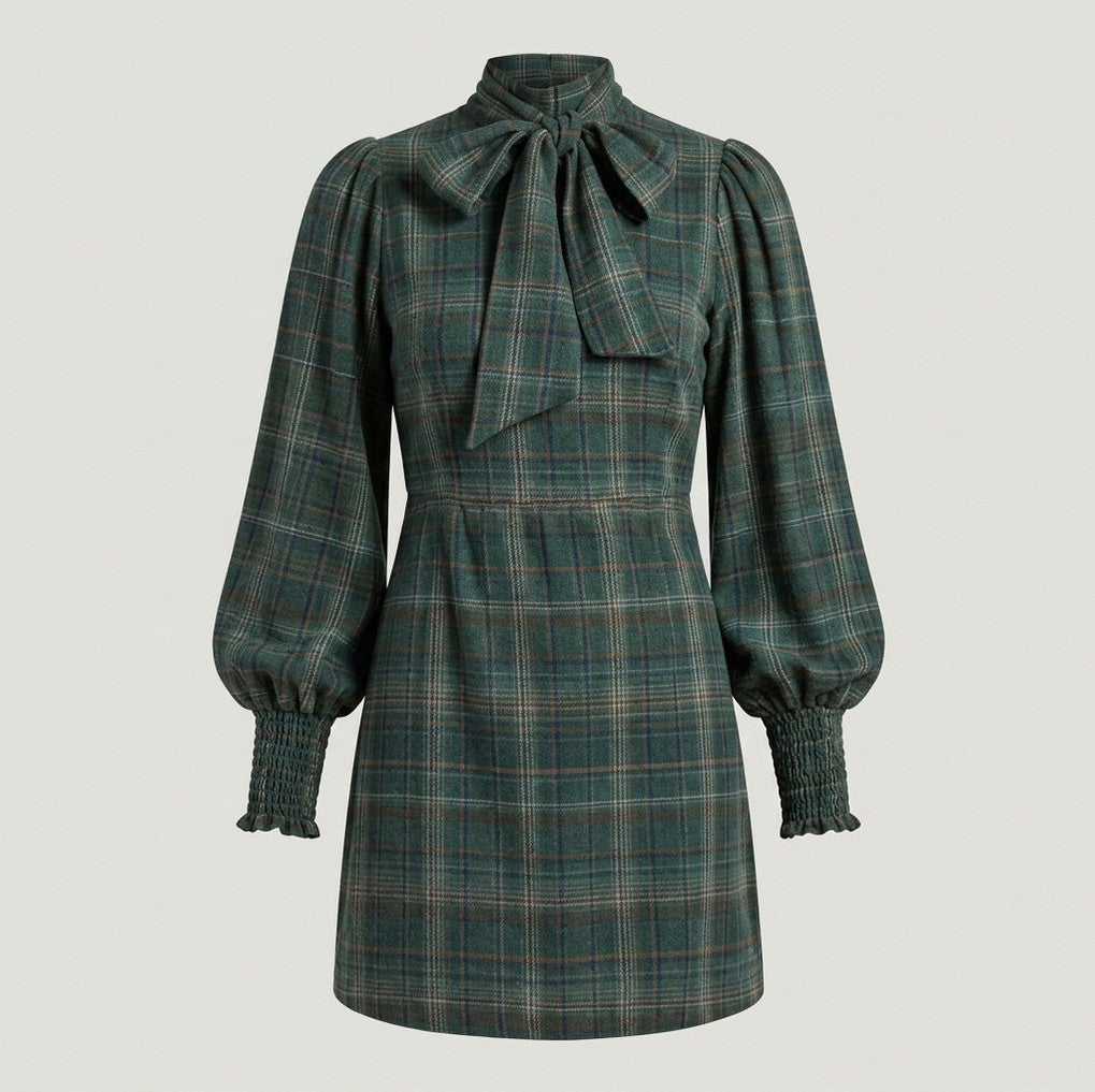 Plaid Long Sleeve Tie Neck Mini Dress