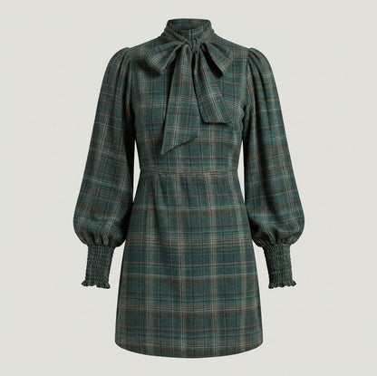 Plaid Long Sleeve Tie Neck Mini Dress
