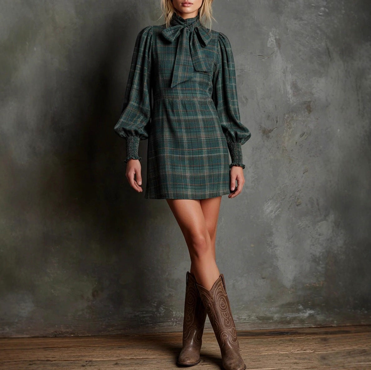 Plaid Long Sleeve Tie Neck Mini Dress