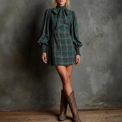 Plaid Long Sleeve Tie Neck Mini Dress