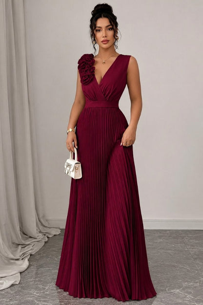 Pleated Applique Maxi Dress