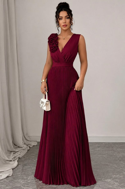 Pleated Applique Maxi Dress