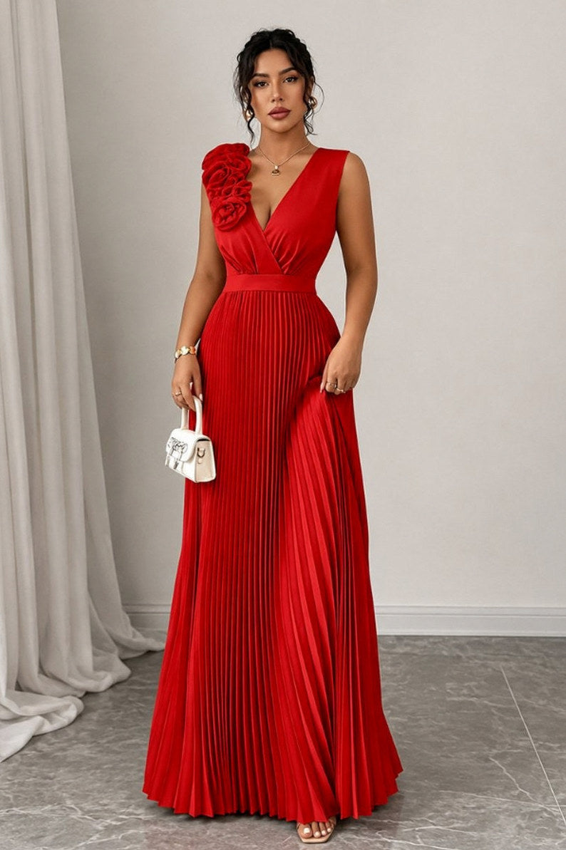 Pleated Applique Maxi Dress