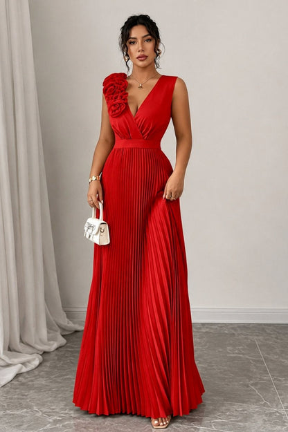 Pleated Applique Maxi Dress