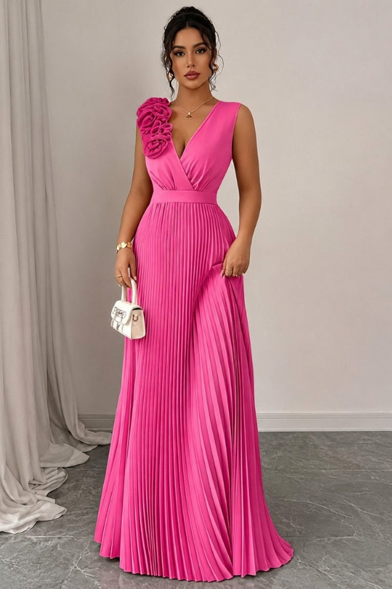 Pleated Applique Maxi Dress