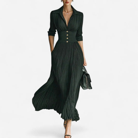 Pleated Collared Long Sleeve Maxi Dress