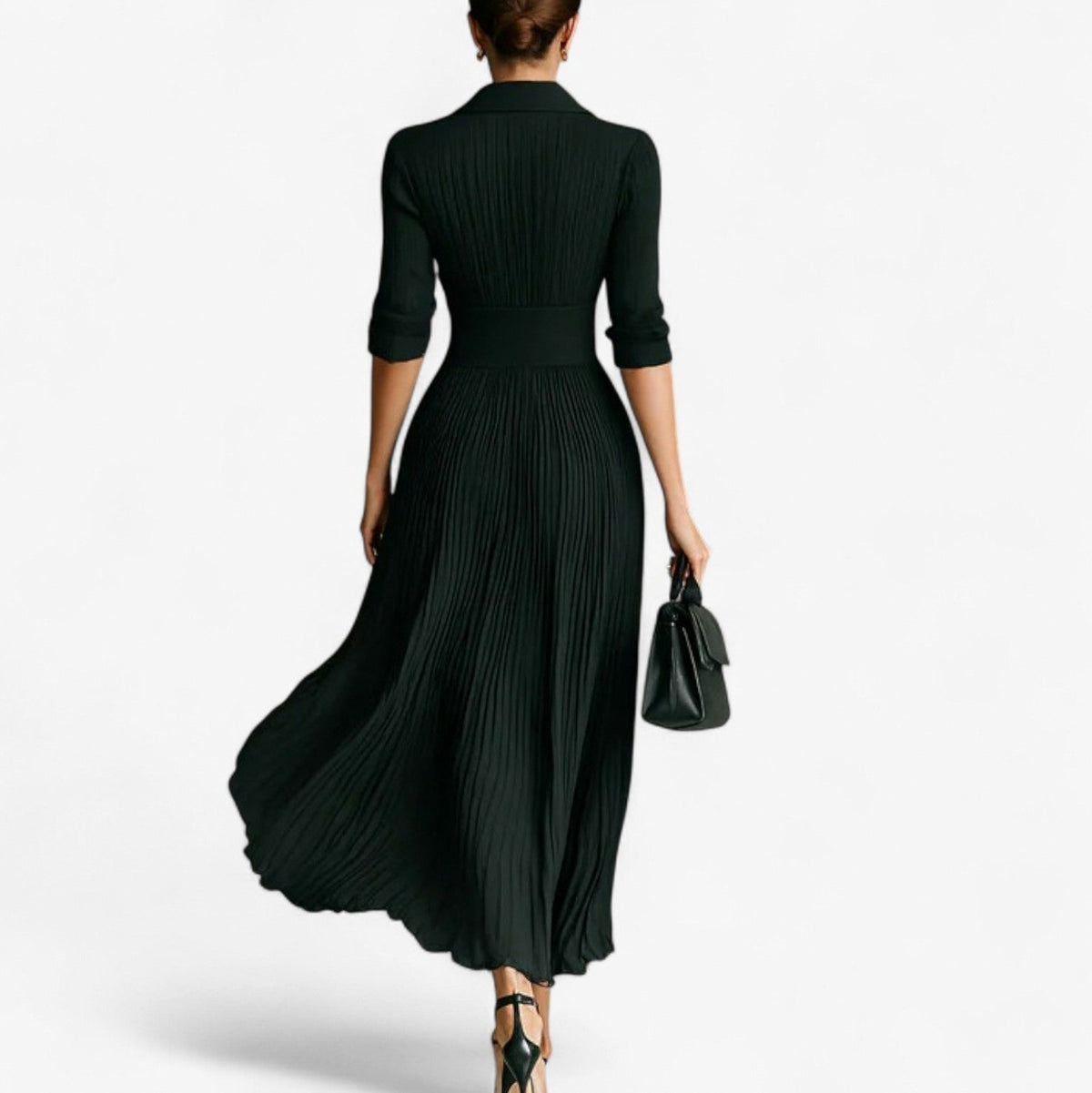 Pleated Collared Long Sleeve Maxi Dress