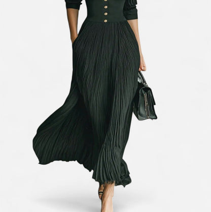 Pleated Collared Long Sleeve Maxi Dress
