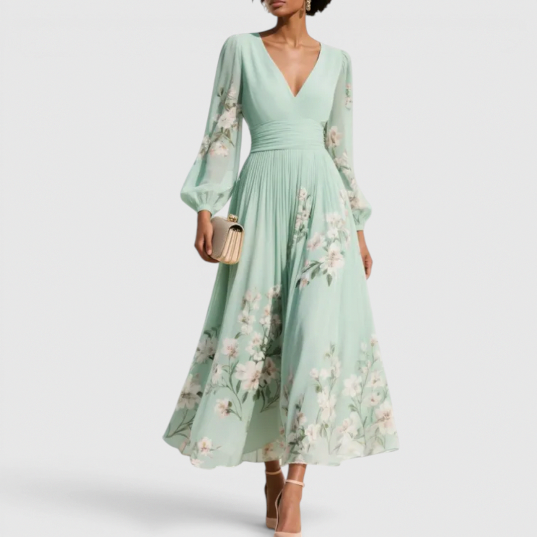 Long Sleeve Floral Pleated Midi Dress