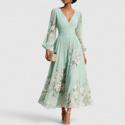 Long Sleeve Floral Pleated Midi Dress