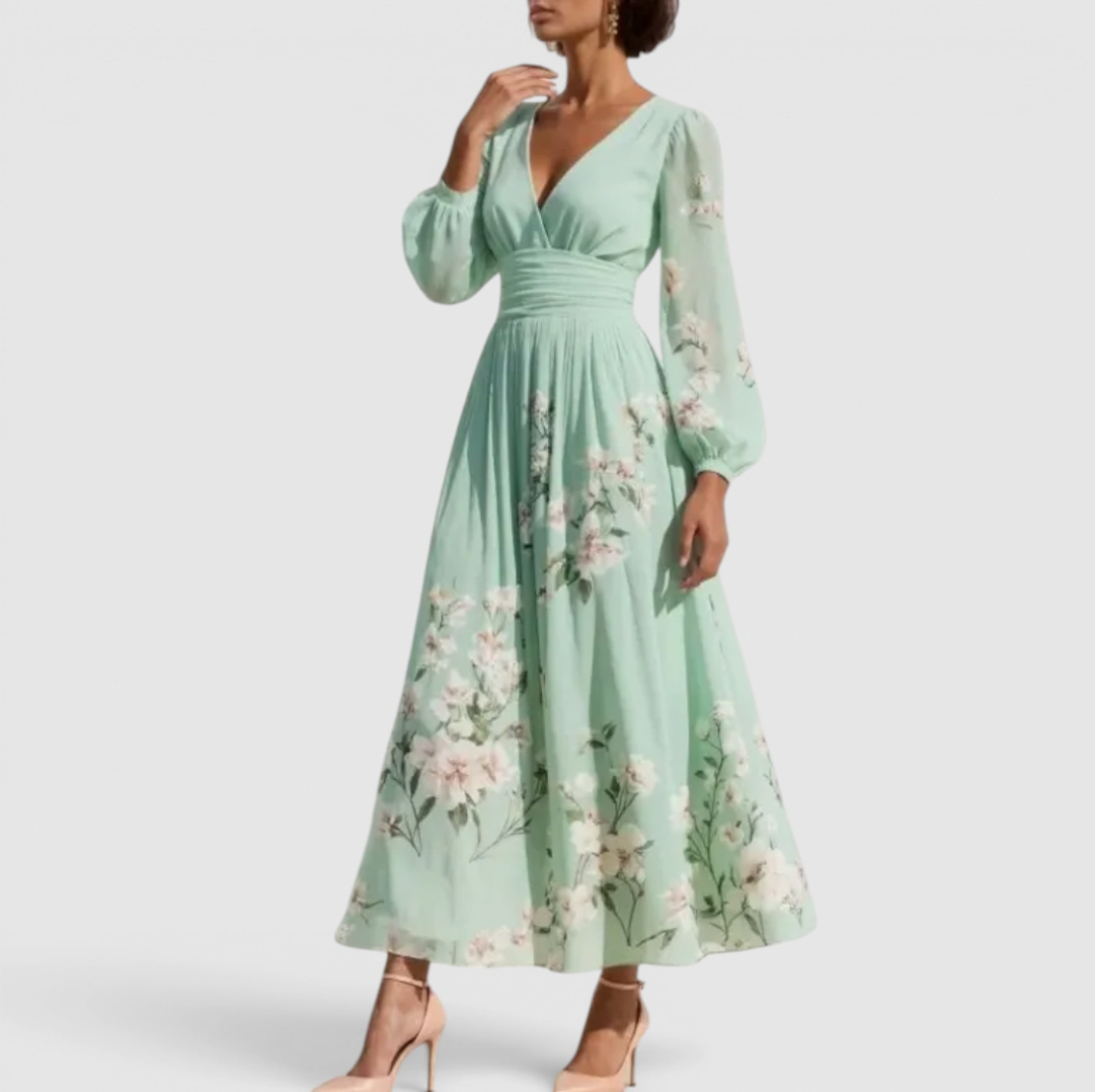 Long Sleeve Floral Pleated Midi Dress