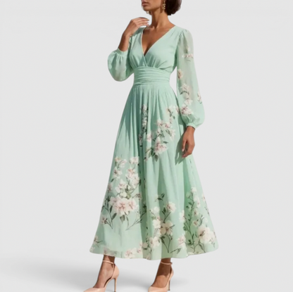 Long Sleeve Floral Pleated Midi Dress