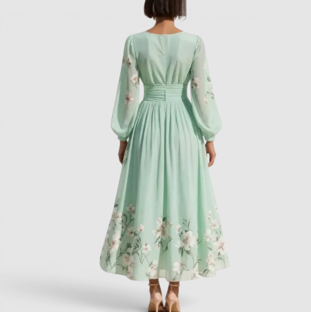 Long Sleeve Floral Pleated Midi Dress
