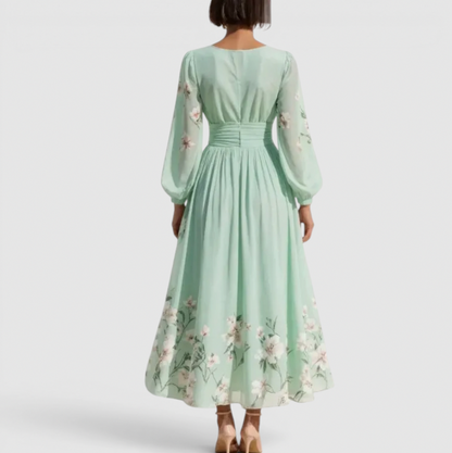 Long Sleeve Floral Pleated Midi Dress
