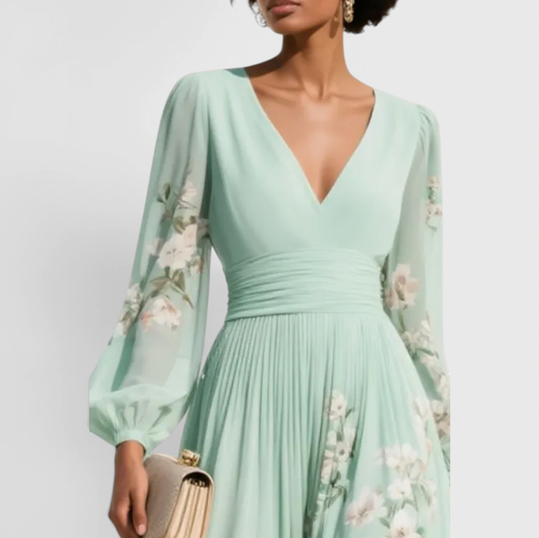 Long Sleeve Floral Pleated Midi Dress