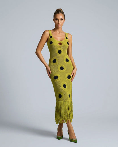 Polka Dot Fringe Knit Midi Dress
