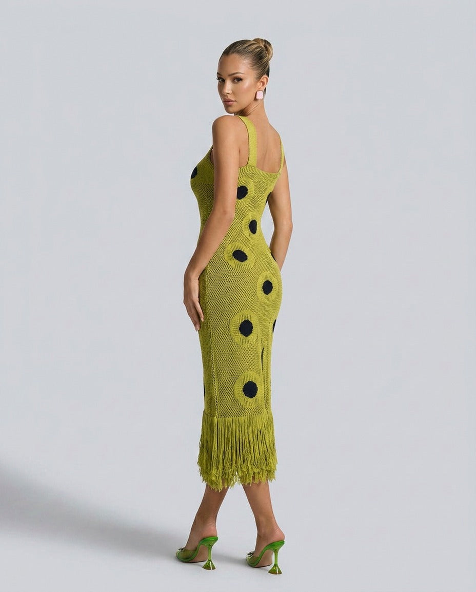 Polka Dot Fringe Knit Midi Dress