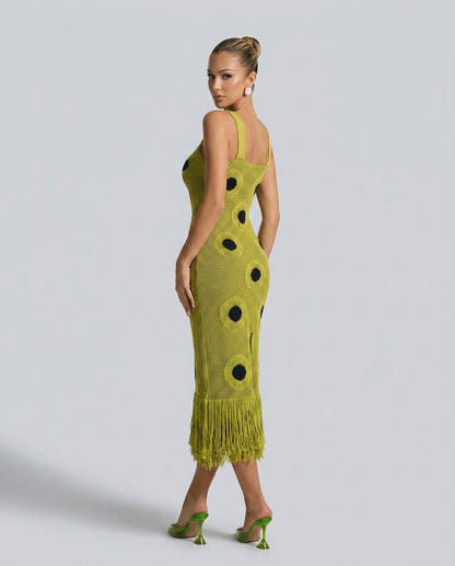 Polka Dot Fringe Knit Midi Dress
