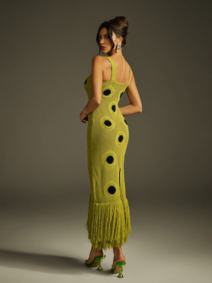 Polka Dot Fringe Knit Midi Dress